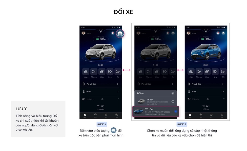 Cập nhật dẫn sử dụng Ứng dụng VinFast cho ô tô điện | Tính năng đổi xe chỉ hiển thị trên Ứng dụng VinFast khi tài khoản được gắn từ 2 xe trở lên
