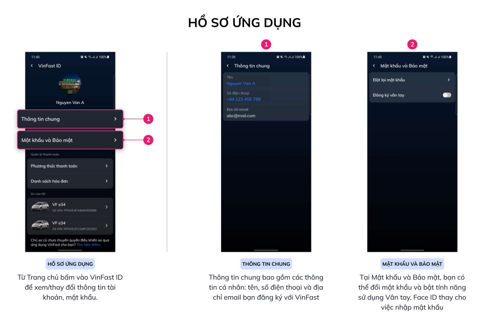 Cập nhật dẫn sử dụng Ứng dụng VinFast cho ô tô điện | Hồ sơ ứng dụng cho phép người dùng xem/thay đổi thông tin tài khoản và mật khẩu