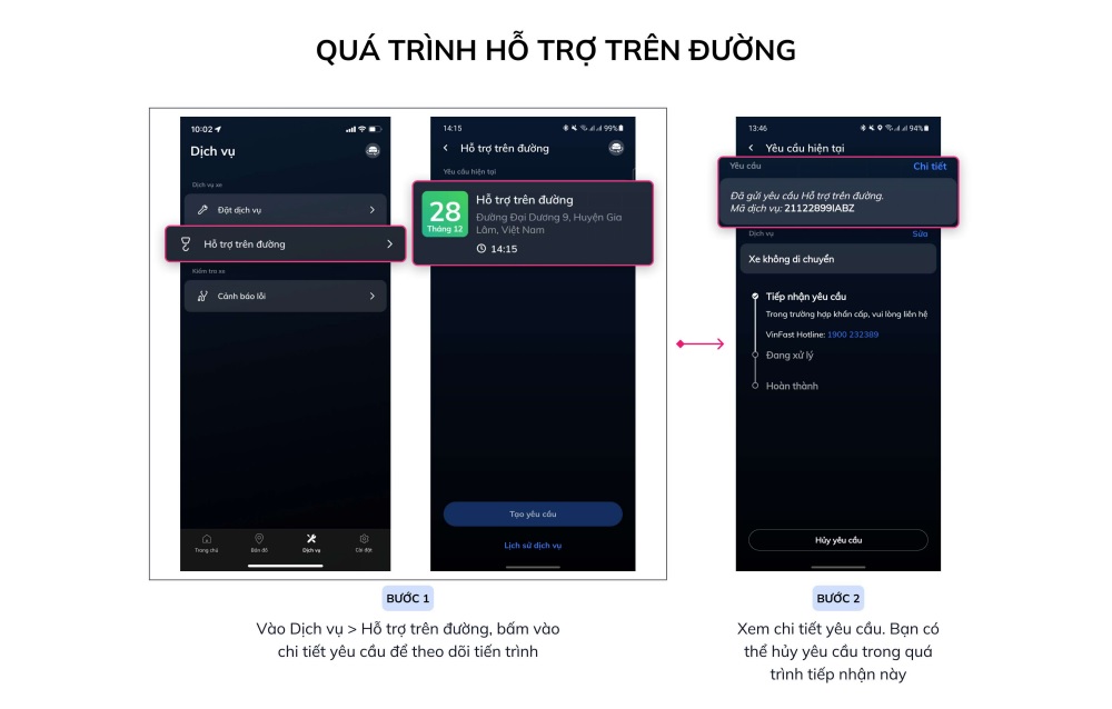 Cập nhật dẫn sử dụng Ứng dụng VinFast cho ô tô điện | Các bước theo dõi quá trình hỗ trợ trên đường nếu gặp sự cố 