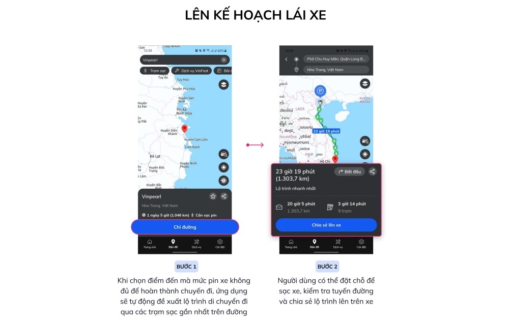 Cập nhật dẫn sử dụng Ứng dụng VinFast cho ô tô điện | Lên kế hoạch lái xe giúp người dùng có lộ trình di chuyển hợp lý với mức pin và địa điểm các trạm sạc