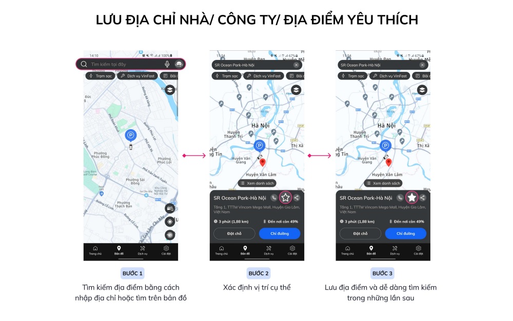 Cập nhật dẫn sử dụng Ứng dụng VinFast cho ô tô điện | 3 bước lưu địa điểm yêu thích để dễ dàng tìm kiếm trong những lần sau