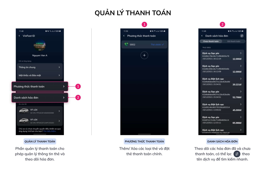 Cập nhật dẫn sử dụng Ứng dụng VinFast cho ô tô điện | Quản lý thanh toán cho phép quản lý thông tin thẻ và theo dõi hóa đơn