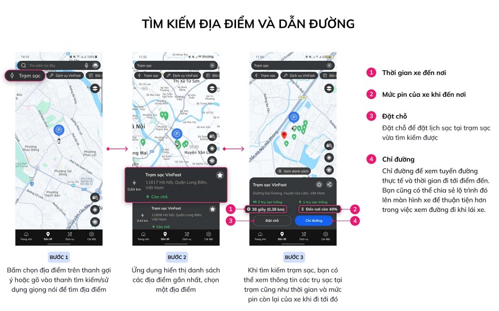 Cập nhật dẫn sử dụng Ứng dụng VinFast cho ô tô điện | Các bước thực hiện tìm kiếm địa điểm và dẫn đường trên Ứng dụng ô tô điện VinFast