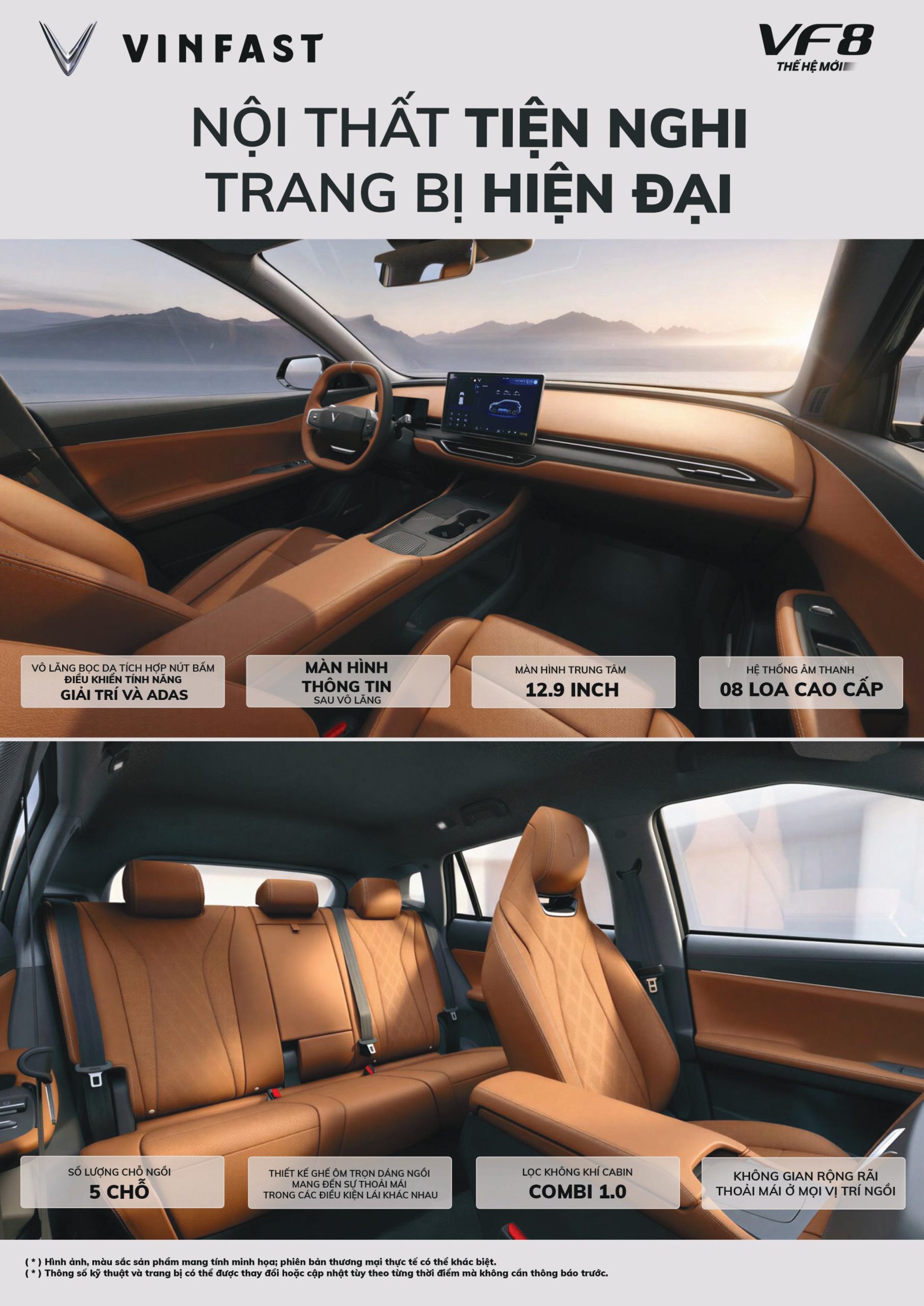 Thông Số Kỹ Thuật VF 8 Thế Hệ Mới 4 Khoang cabin VinFast VF 8 được thiết kế hiện đại, rộng rãi và hướng đến sự tiện nghi cho người sử dụng.