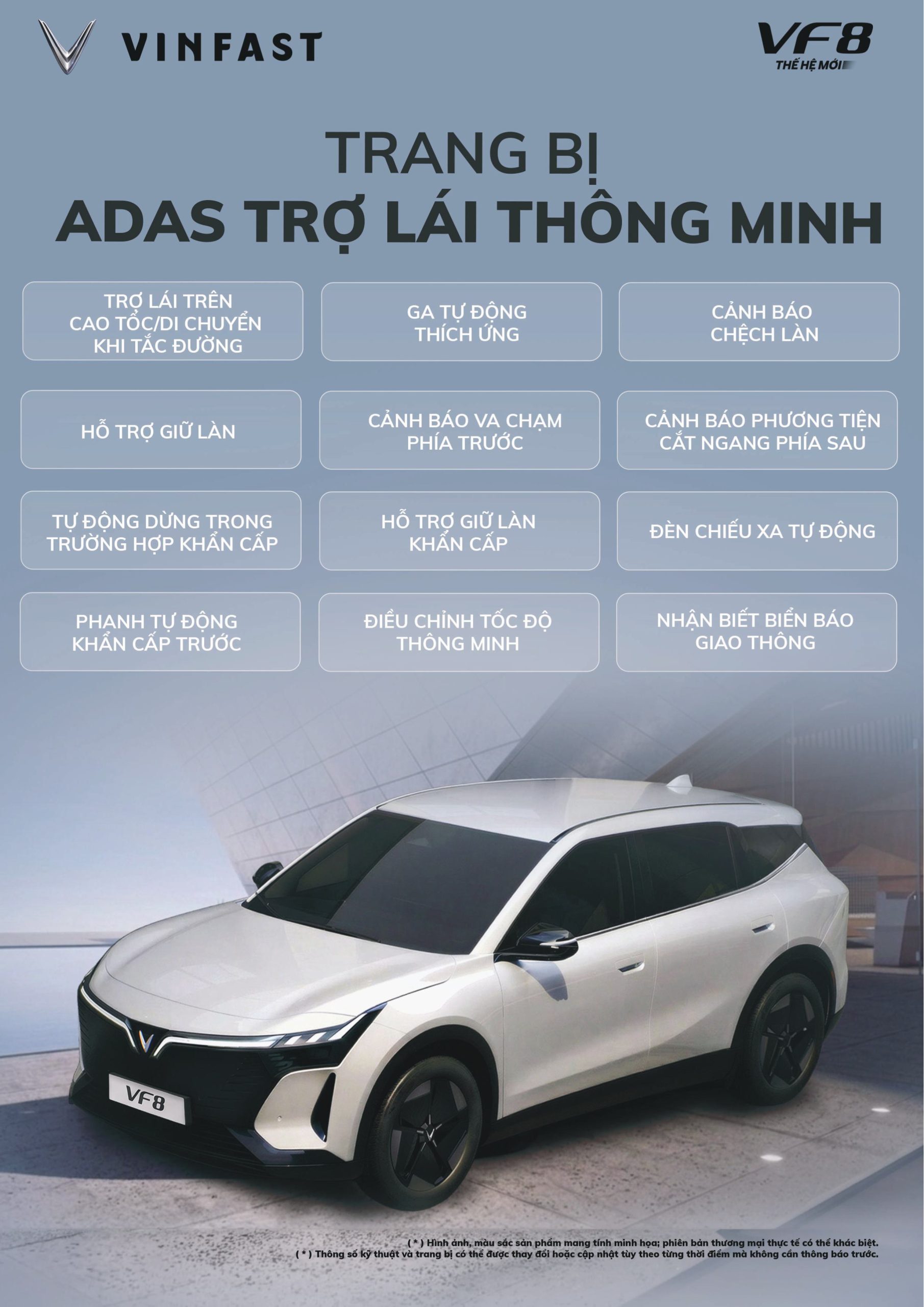 Thông Số Kỹ Thuật VF 8 Thế Hệ Mới 5 VinFast VF 8 tích hợp nhiều công nghệ hỗ trợ lái tiên tiến nhằm tăng độ an toàn và tiện lợi khi vận hành.